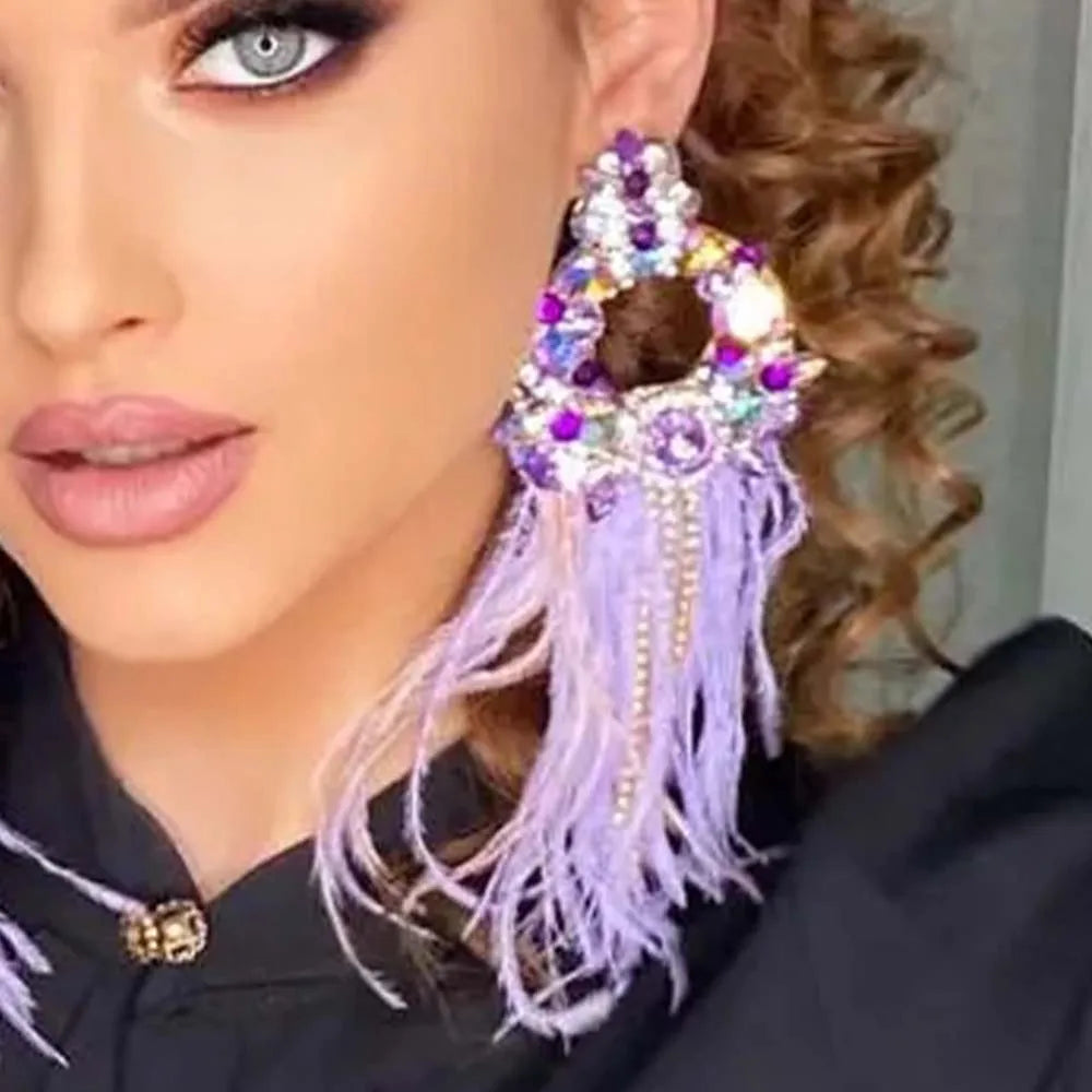 Stonefans Designer Oversize Feather Purple Geometric Earrings Bridal New Large Rhinestone Earrings Accessories Wedding Jewelry