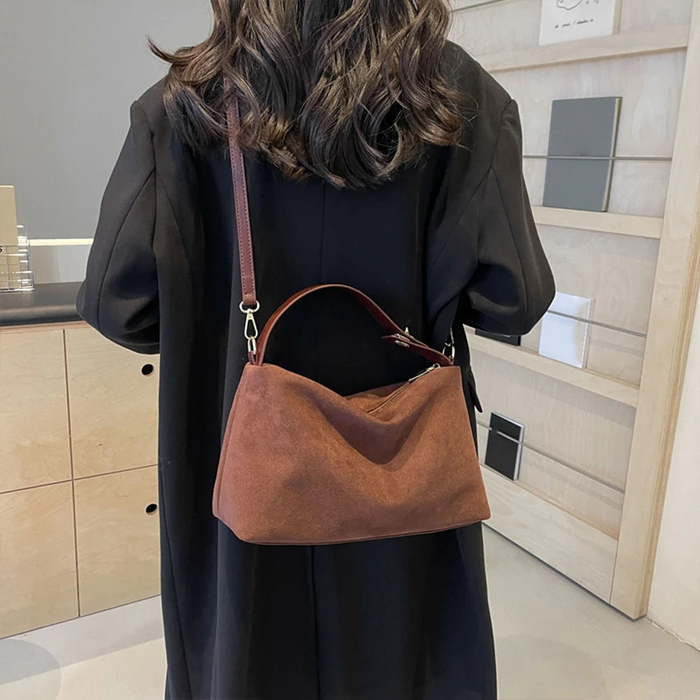 Fashion Autumn Winter Big Boston Tote Soft Matte Suede Cow Leather Women's Handbag Shoulder Crossbody Bag For Women Grey Brown
