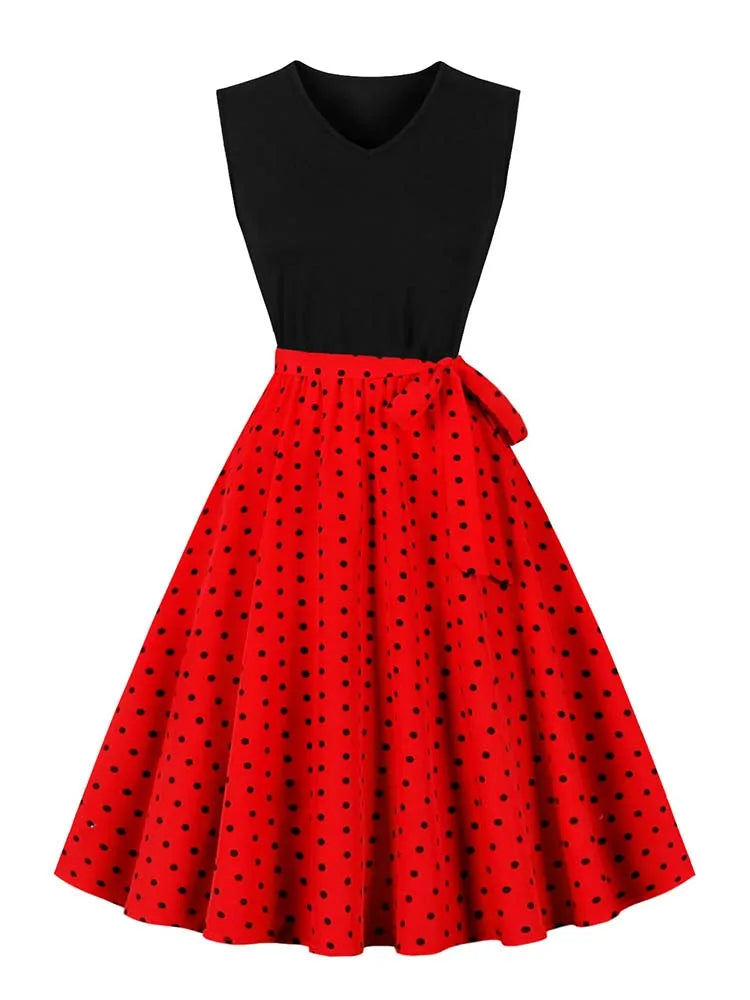 Retro Vintage Women's Summer Dress V-Neck Sleeveless High Waist Chic Floral Print with Belt 50s Style