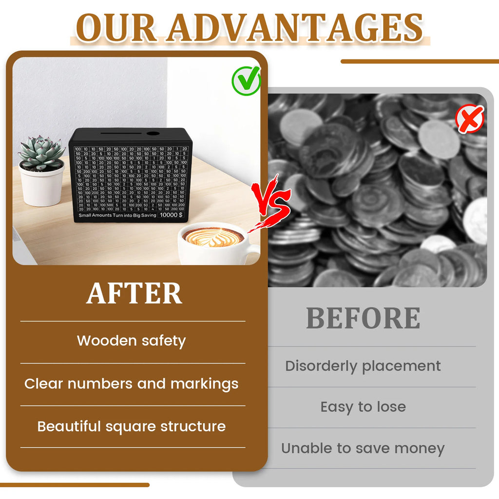 Wood Piggy Banks Cash Saving Box Piggy Bank with Saving Target Savings $500/$10000 Challenge Money Box for Adults Kids Money Box