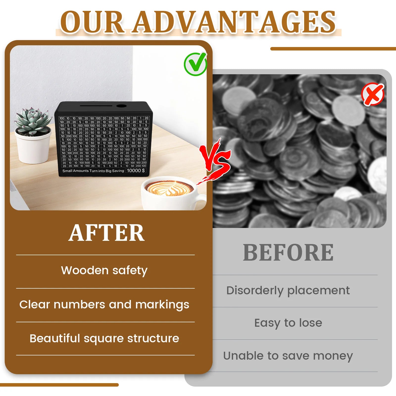Wood Piggy Banks Cash Saving Box Piggy Bank with Saving Target Savings $500/$10000 Challenge Money Box for Adults Kids Money Box