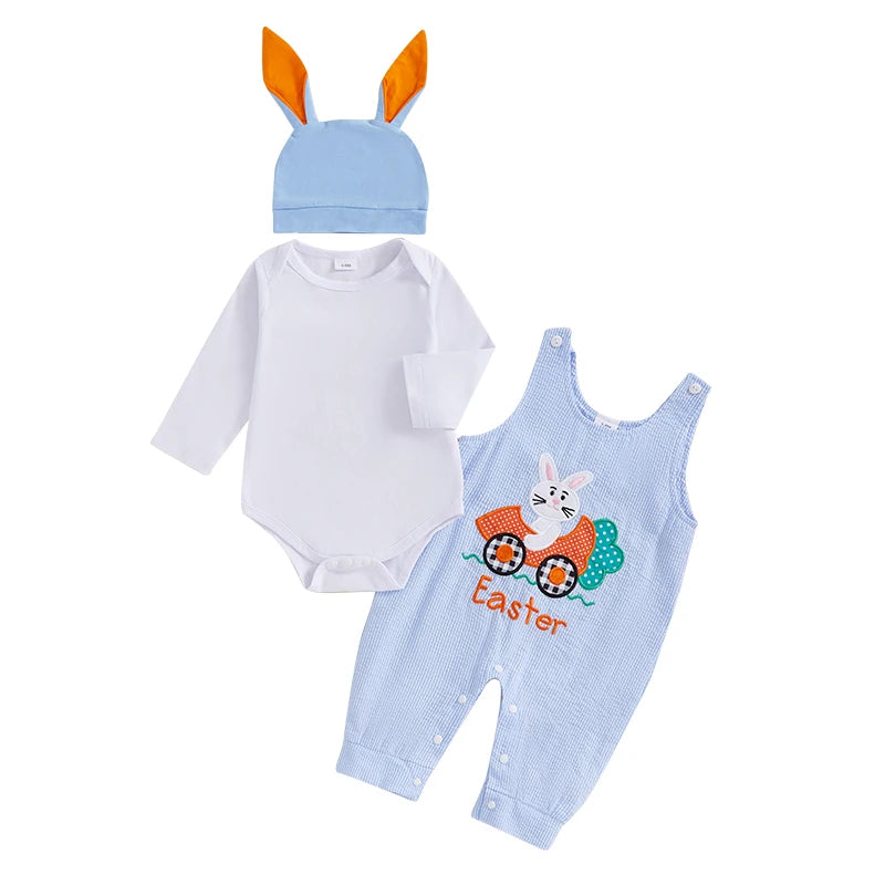 Toddler Girl Easter Dress Floral Print Ruffle Sleeve Romper Bunny Embroidery Skirt Headband 3 Piece Spring Set for Baby Girl