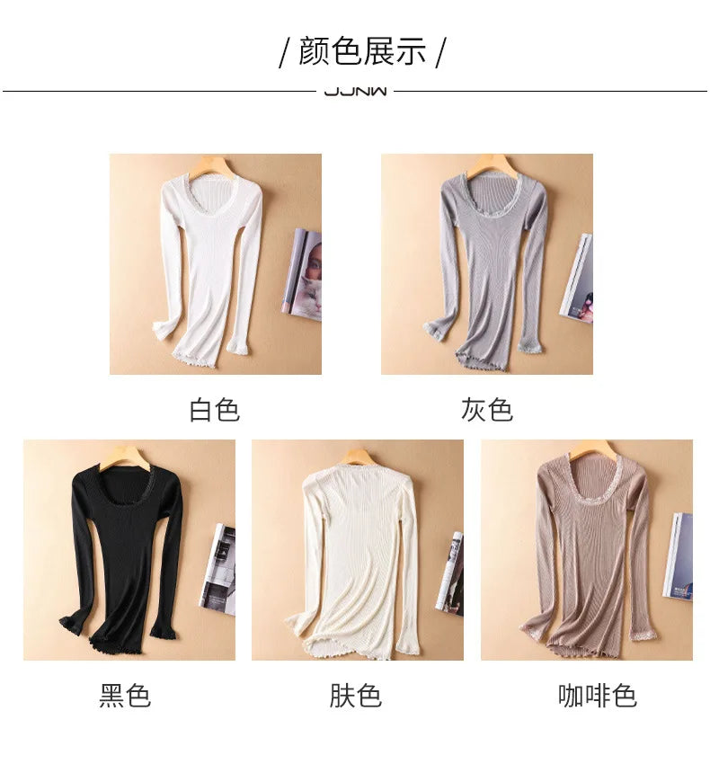 Autumn and Winter Mulberry Silk Women's Warm Underwear Round Neck Silk Lace Edge Long Sleeve Bottom Shirt Slim Fit