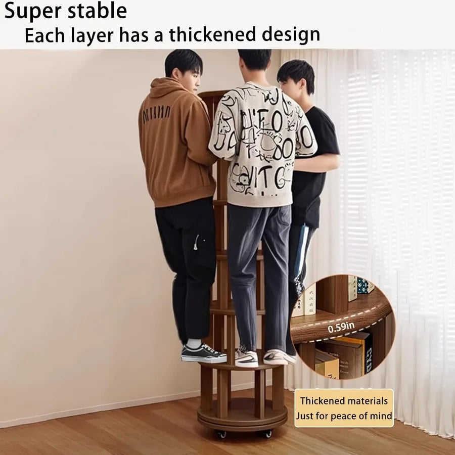 6 Tier Rotating Bookshelf Made of Solid Wood with 360 Spinning Design for Compact Rolling Bookcase Tower Ideal for Small Spaces