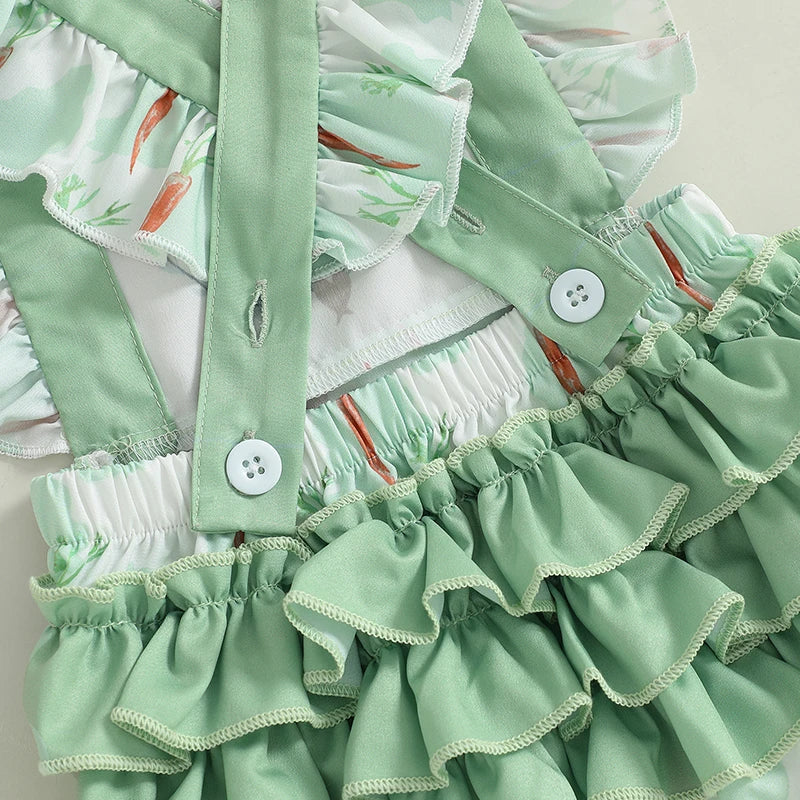 Adorable Infant Easter Jumpsuit with Cute Bunny and Carrot Print Sleeveless Ruffle Square Neck Baby Girl Outfit for Newborns