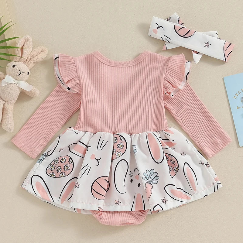Toddler Easter Dress Short Sleeve Floral Print A-line Romper with Bunny Ear Headband Set for Baby Girls Spring Outfit