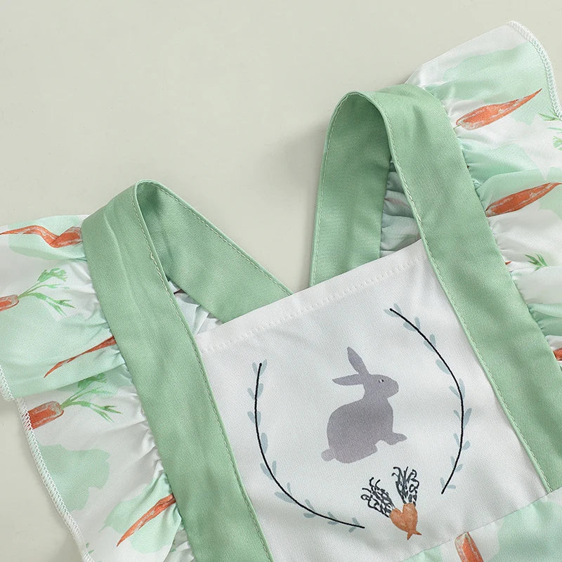 Adorable Infant Easter Jumpsuit with Cute Bunny and Carrot Print Sleeveless Ruffle Square Neck Baby Girl Outfit for Newborns