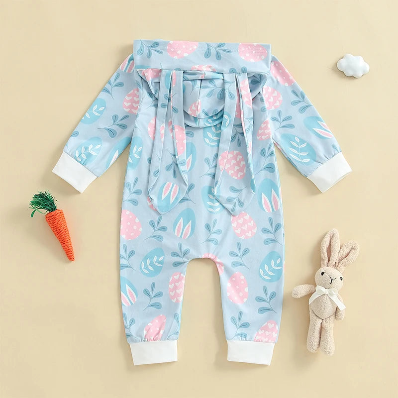 Easter Bunny Print Cotton Blend Long Sleeve Rompers for Infant Boys and Girls Hooded Spring Bodysuits with Cute Rabbit Design