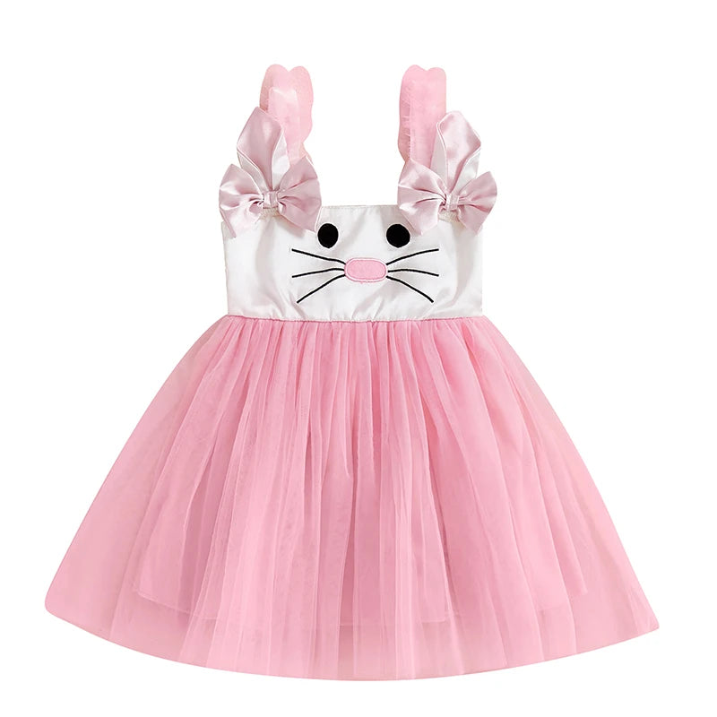 Adorable Baby Girls Easter Outfit Sleeveless Bunny Print Suspender Dress with Tulle Skirt for Spring and Summer Celebrations