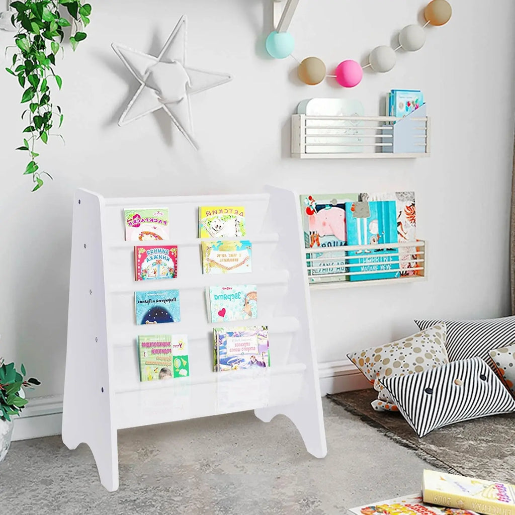 4 Tier Childrens Bookshelf Wooden White Kids Sling Storage Child Bookcase Shelf with Soft Canvas for Book Storage