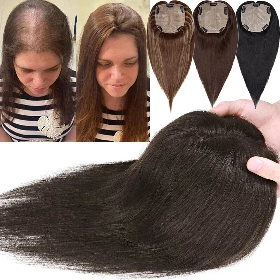 S-noilite 15x16cm Silk Top Hair Toppers Human Hair Silk Base Scalp Topper Wigs 5 Clips In Hair Extension Natutal Hair Piece
