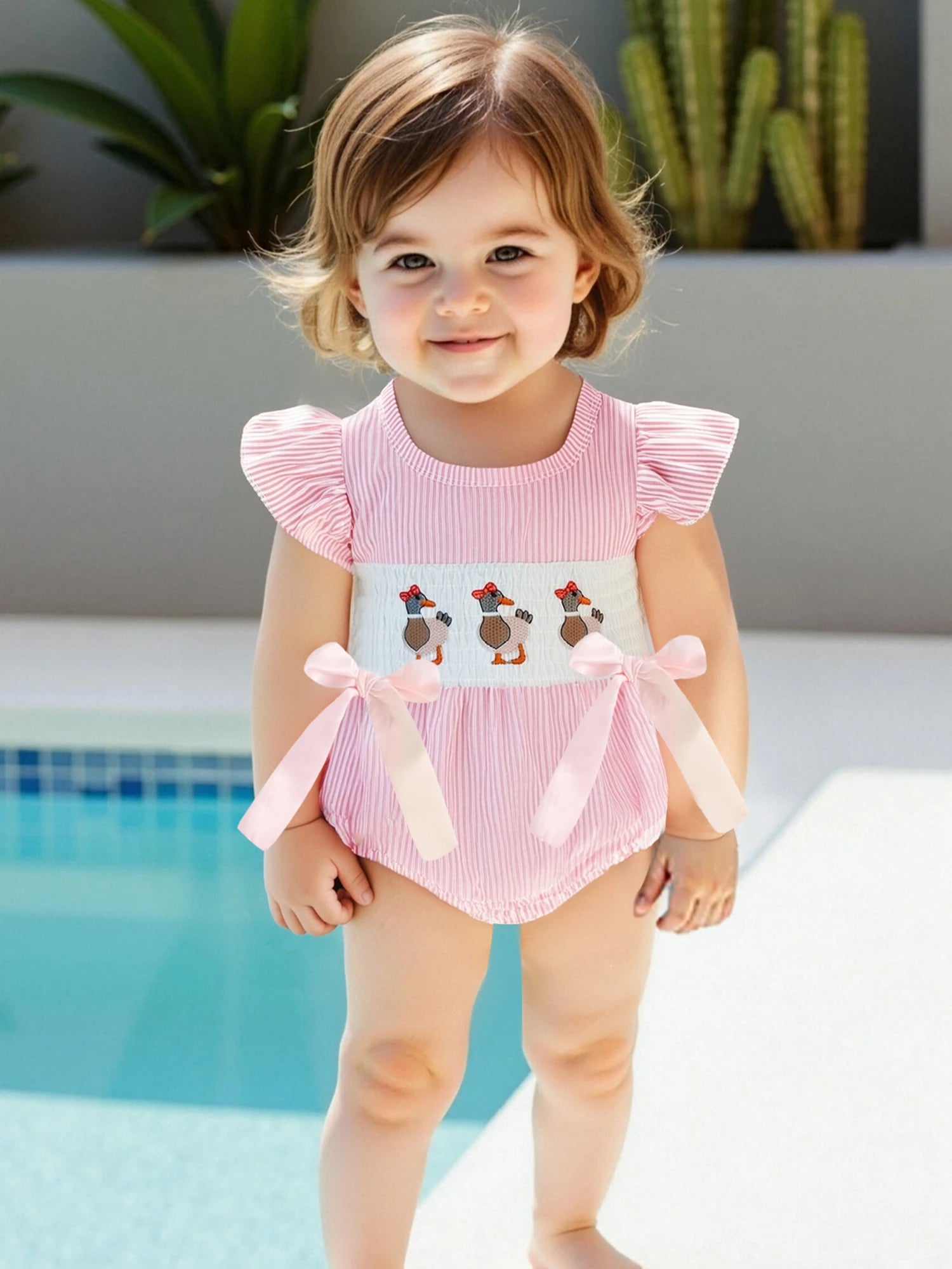 Cute Toddler Bunny Print Overall Dress with Ruffle Sleeves and Bow Detail for Baby Girls Easter Outfit