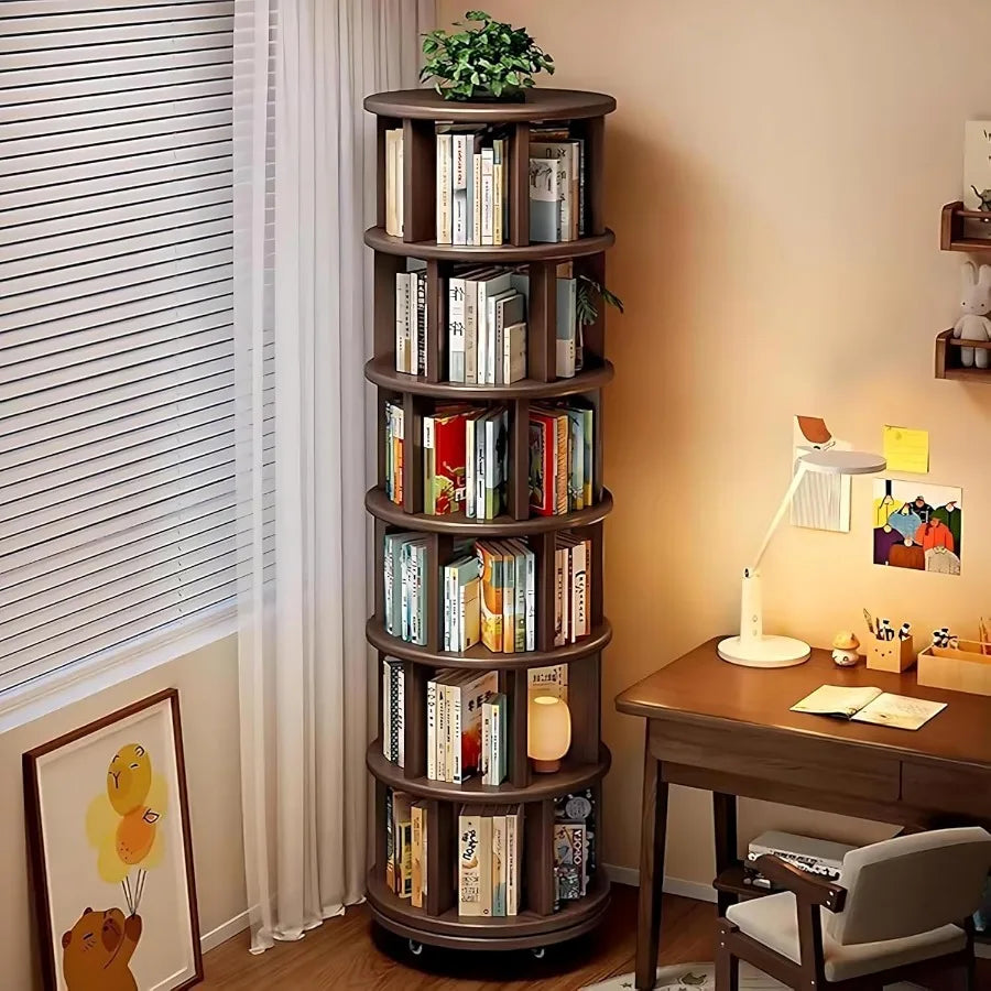 6 Tier Rotating Bookshelf Made of Solid Wood with 360 Spinning Design for Compact Rolling Bookcase Tower Ideal for Small Spaces