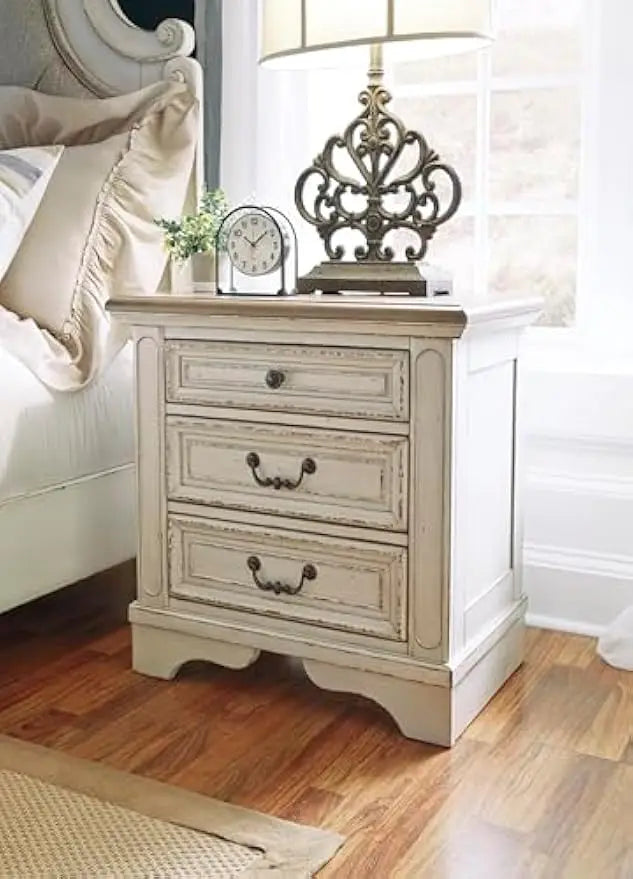 Realyn French Country 3 Drawer Nightstand with Electrical Outlets & USB Ports, 27.75" Tall, Chipped White 2025 NEW