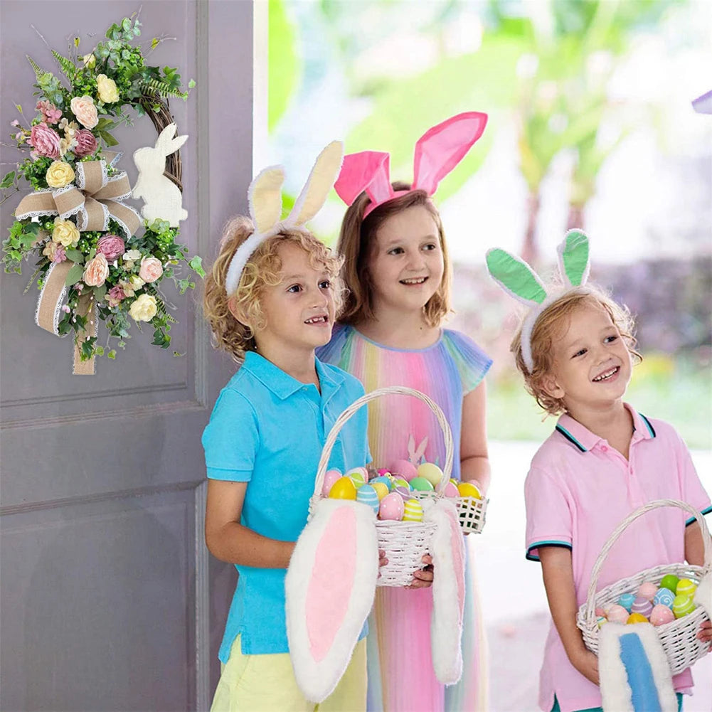 Easter Bunny Wreath Spring Wreath with Bow Artificial Flower Wreath Hanging Wreath for Front Door Easter Decorations
