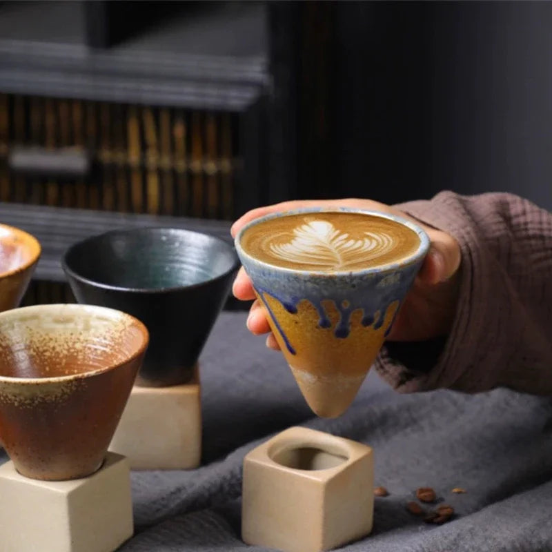 Coarse Pottery Creative Coffee Cup with Base Japanese Retro Conical Ceramic Cups Minimalist Latte Mug  Stoneware Master Teacup