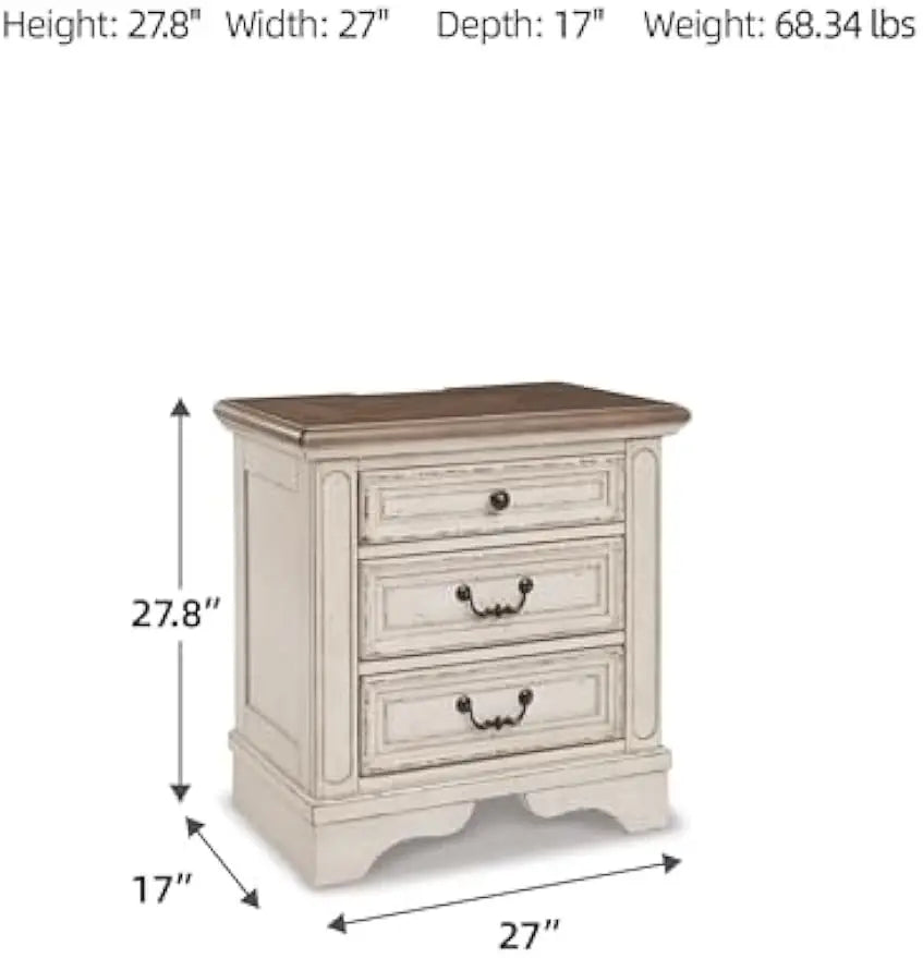 Realyn French Country 3 Drawer Nightstand with Electrical Outlets & USB Ports, 27.75" Tall, Chipped White 2025 NEW