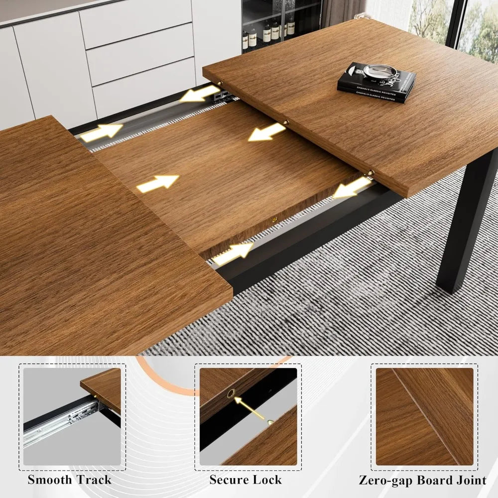 5-Piece Dining Table Set for 4-8 People, Extendable Kitchen Table Set with 2 Benches and 2 Square Stools, Mid-Century