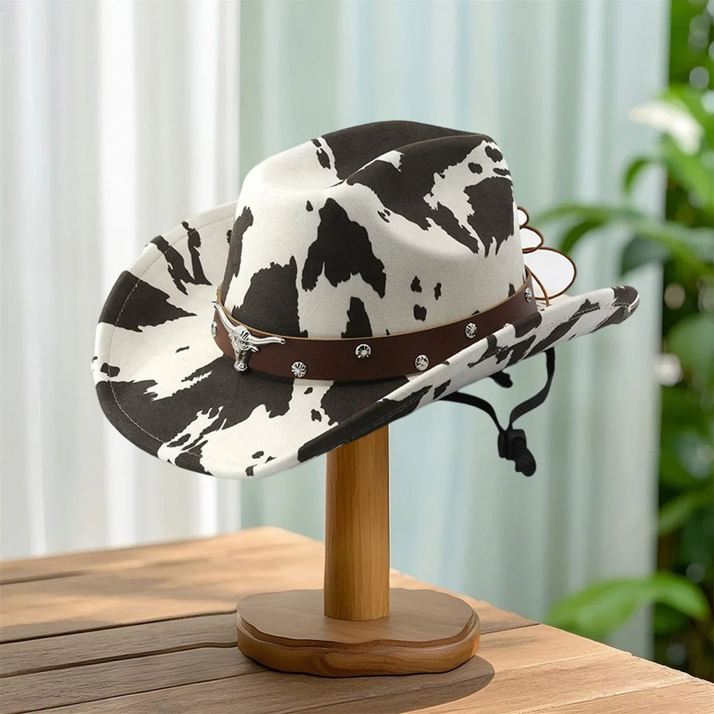 Vintage Leather Cowboy Hat for Women and Men with Cow Print Design Wide Brim Western Cap featuring Windproof Rope and Leather