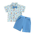Toddler Boy Easter Outfit Bunny Egg Short Sleeve Button-up Shirt with Bowtie Solid Shorts 2 Piece Set for Spring Festivities