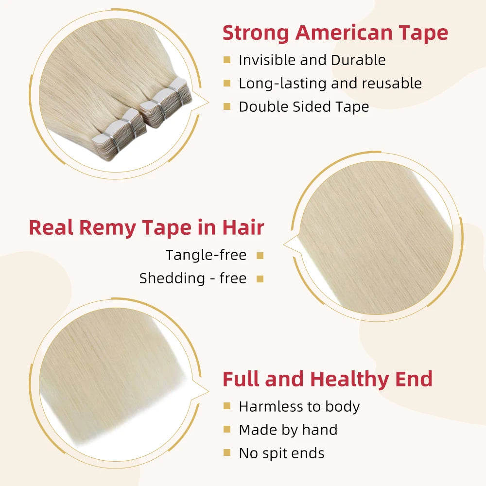 Moresoo Blonde Tape in Hair Extensions Bleach Blonde 100% Real Human Hair Extensions Natural Straight Brazilian Hair Tape ins