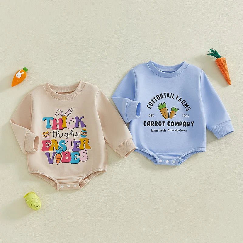 Easter Bunny Rabbit Ear Hooded Rompers for Baby Girls Boys Carrot Letter Print Long Sleeve Spring Bodysuits Jumpsuits with