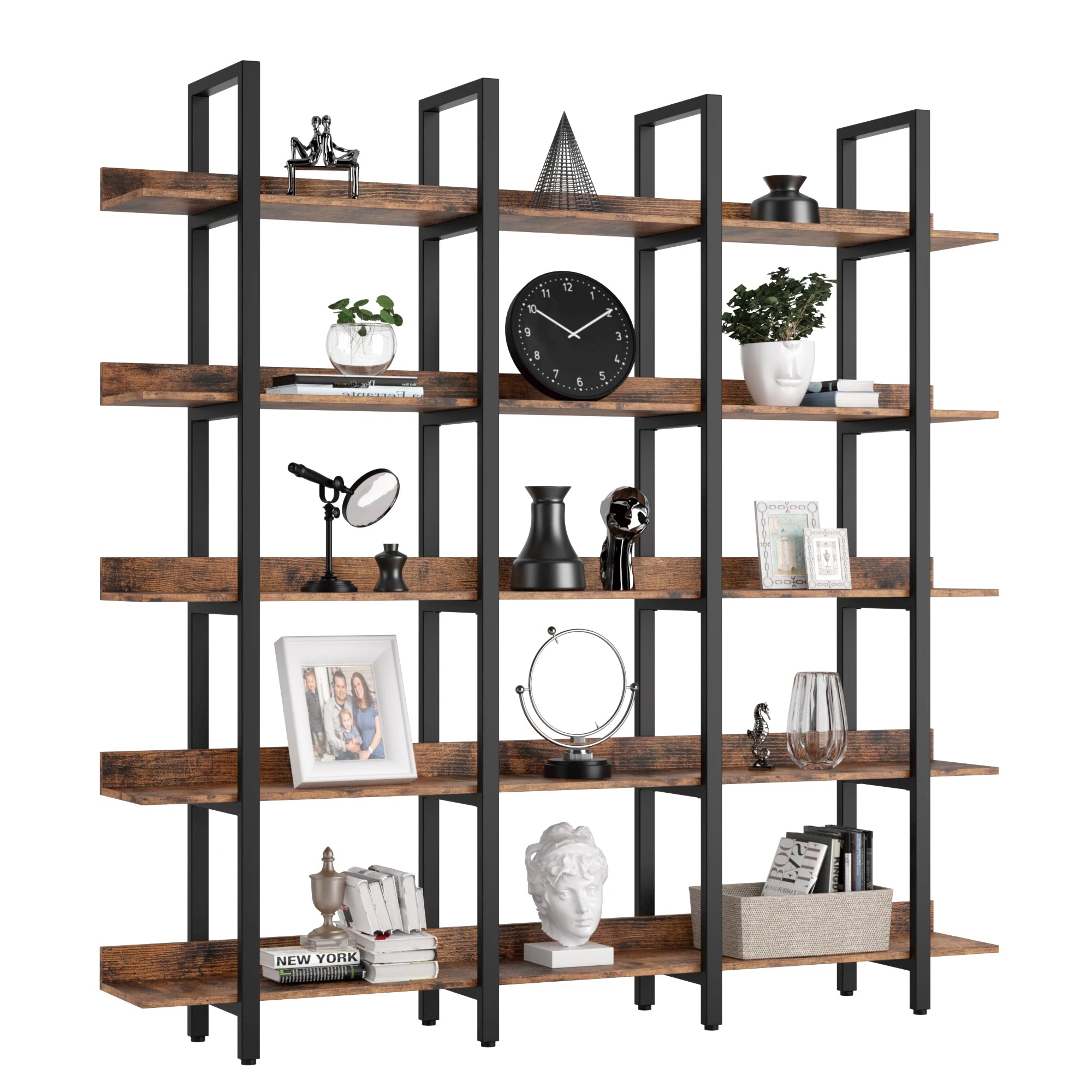 IRONCK Bookcase and Bookshelves Triple Wide 5 Tiers Large Open Shelves, Etagere Bookcases with Back Fence for Home Office Brown