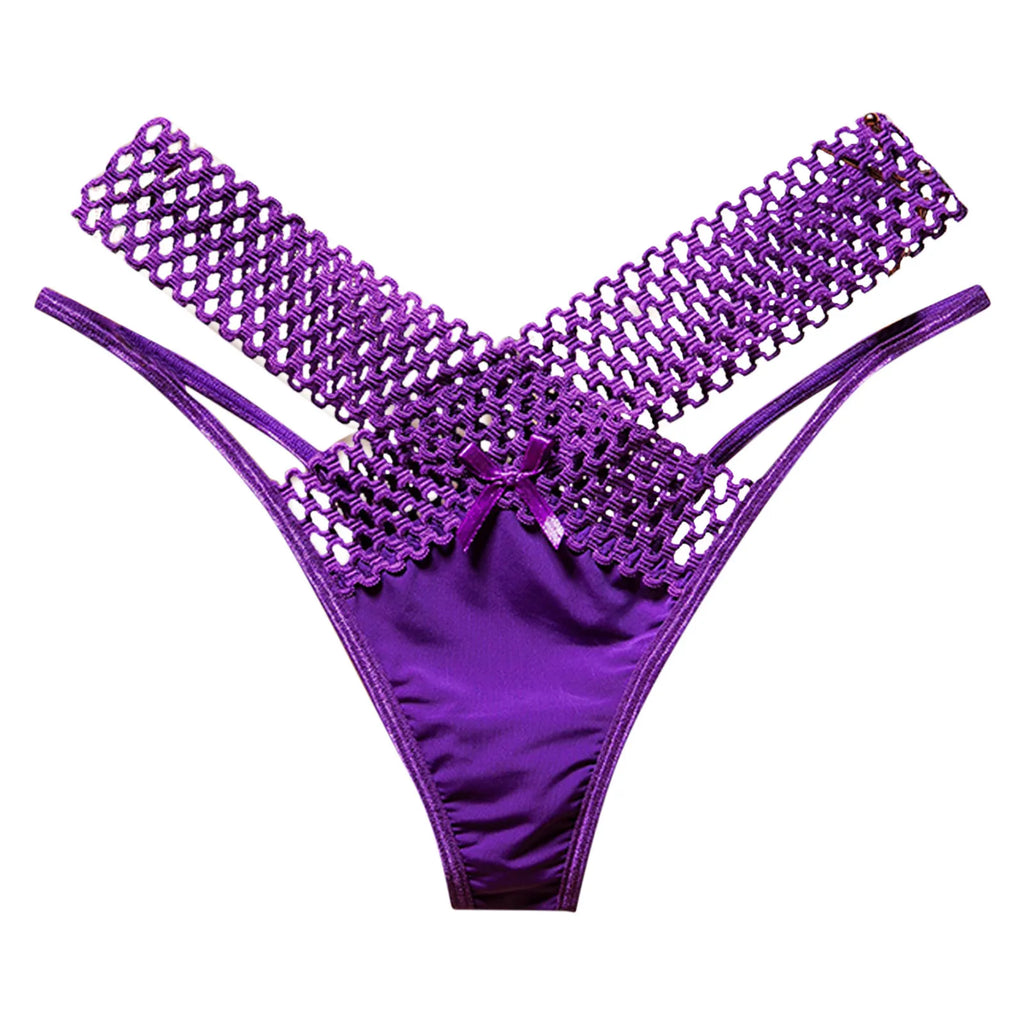 Fashion Low Waist Hollow Out Thongs French Style Bowknot Satin Silk Panties Solid Color Underwear Women Mesh Briefs Daily