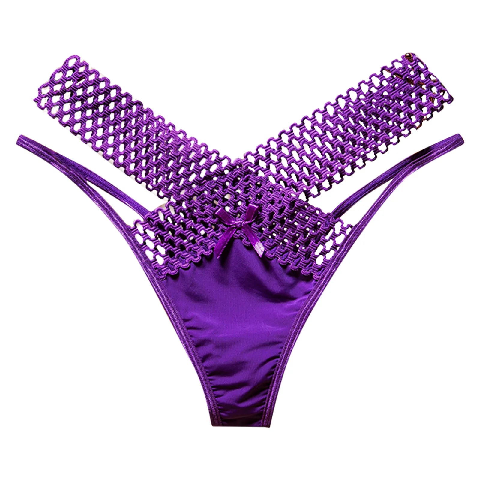 Fashion Low Waist Hollow Out Thongs French Style Bowknot Satin Silk Panties Solid Color Underwear Women Mesh Briefs Daily