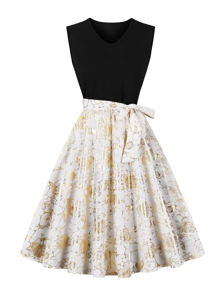 Retro Vintage Women's Summer Dress V-Neck Sleeveless High Waist Chic Floral Print with Belt 50s Style