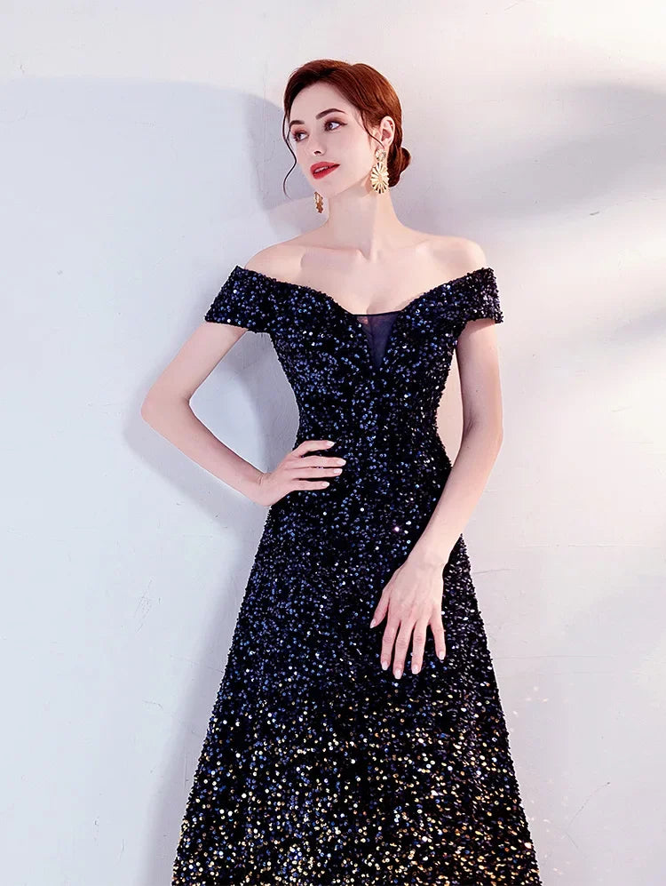 One Shoulder Evening Gown New Gradient Black Annual Party Stage Performance Host Walking Fish Tail Dress for Women 2026
