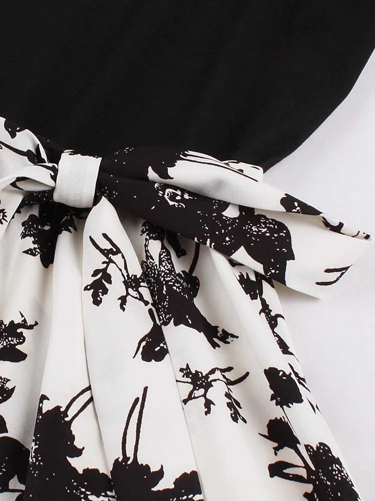 Retro Vintage Women's Summer Dress V-Neck Sleeveless High Waist Chic Floral Print with Belt 50s Style