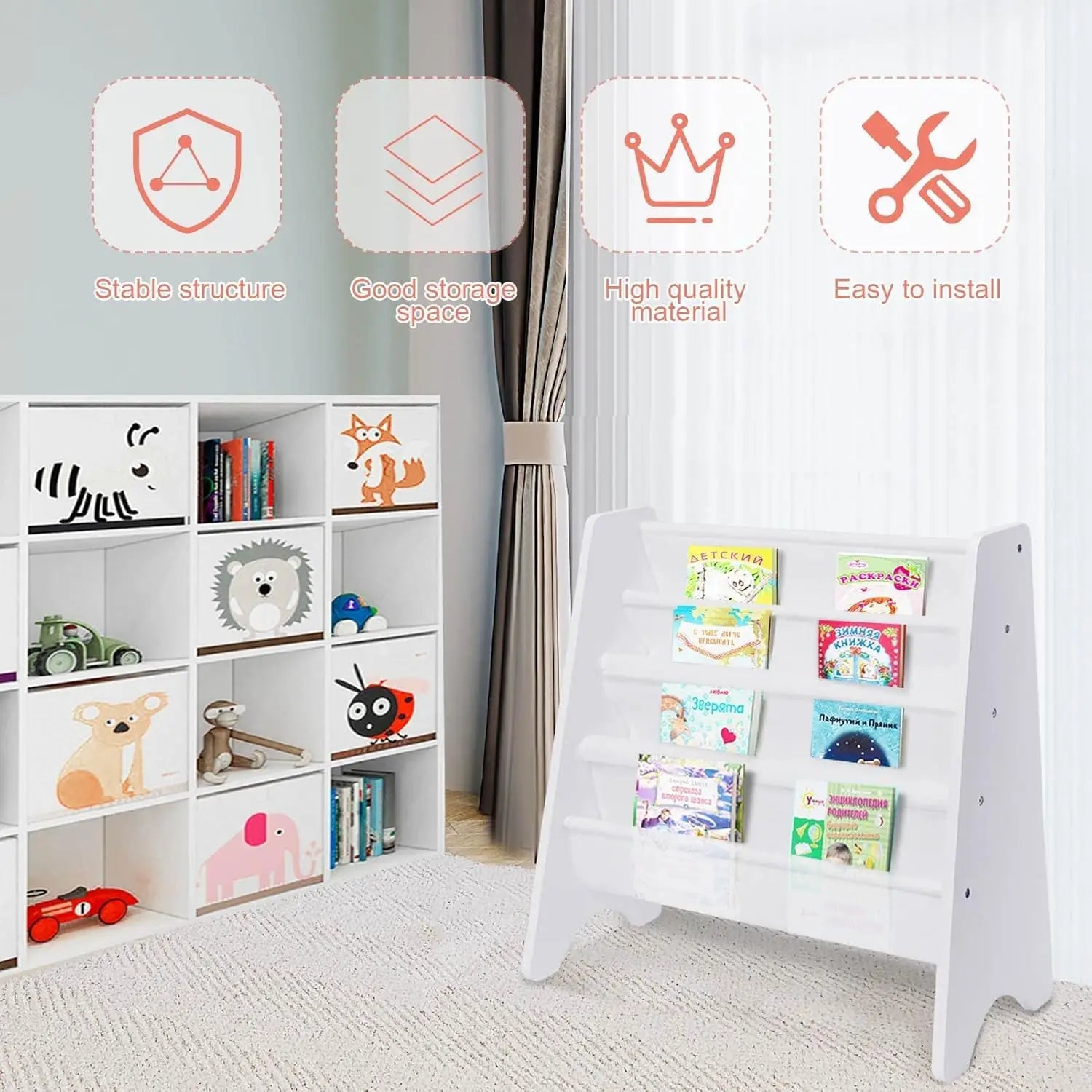 4 Tier Childrens Bookshelf Wooden White Kids Sling Storage Child Bookcase Shelf with Soft Canvas for Book Storage