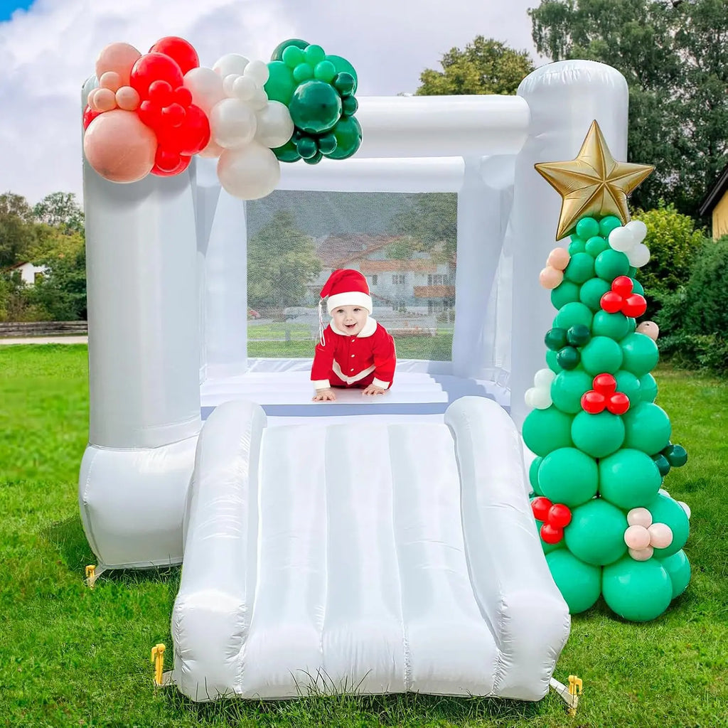 （This product is currently sold out） Inflatable White Bounce House With Slide Oxford Bouncy Castle Include Blower (without tarp)