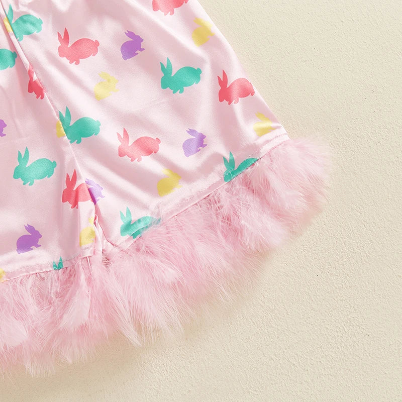 Easter 2-Piece Pajama Set with Short Sleeve Lapel Bunny Print Shirt and Shorts for Comfortable Sleepwear