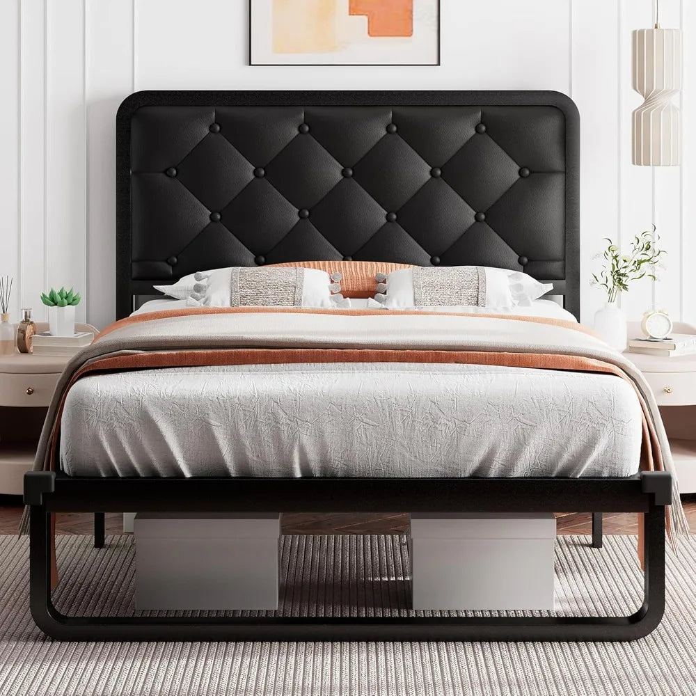 Double Bed Frame with Headboard, Faux Leather Upholstery, All-metal Bed Board Supporting Platform, 12 Inches of Under-bed Space