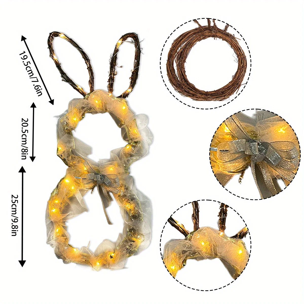 23.6in Large Easter Bunny Wreath with Led Lights, Battery-Powered, Foldable, Glowing Rabbit Wreath Pendant for Easter