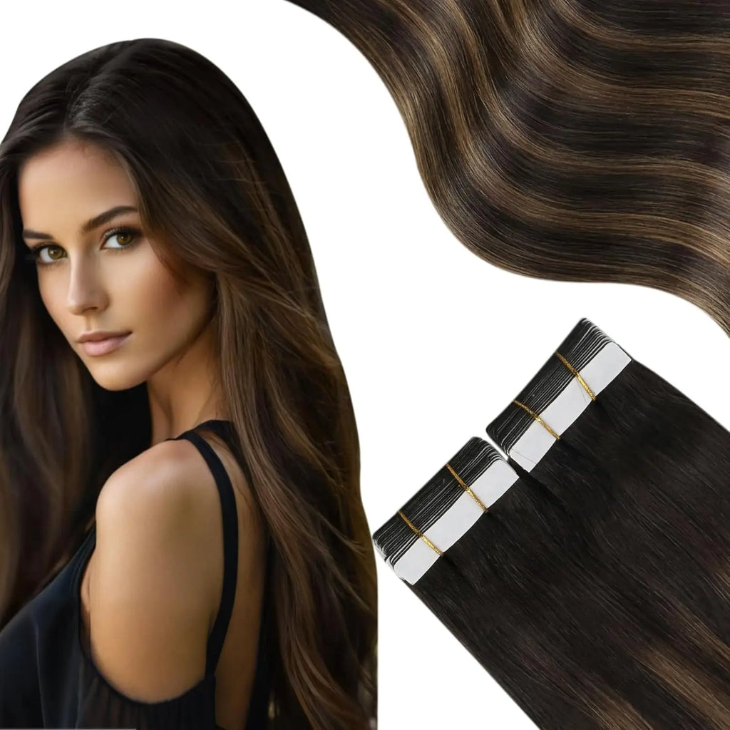 Moresoo Tape in Hair Extensions Black Hair Natural Straight Real Remy Hair Tape Adhesive 100% Human Hair Extensions Tape in