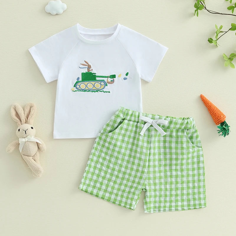 Toddler Boys Easter Outfits Adorable Bunny Embroidery Short Sleeve T-Shirt and Plaid Shorts Set for 2 Piece Clothing Ensemble