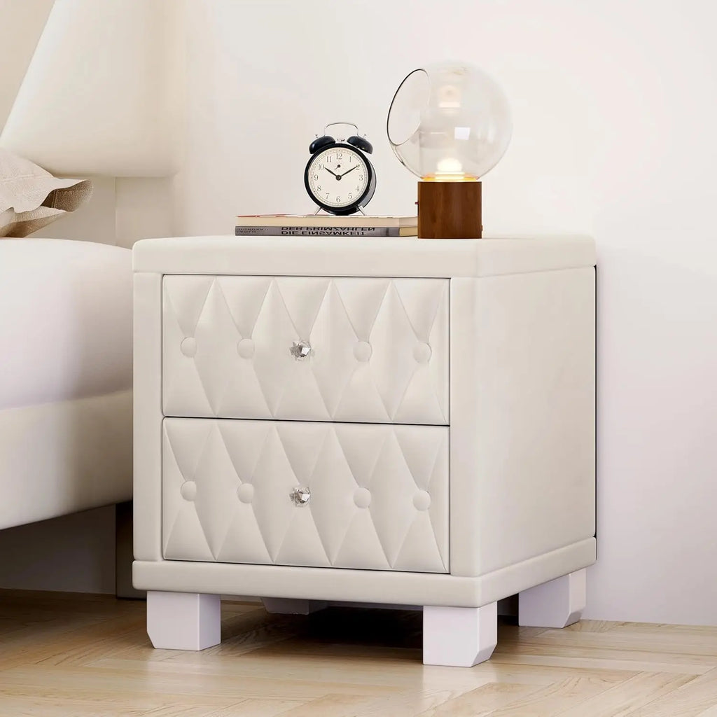 Velvet Nightstand with 2 Drawers, Storage Bedside Table with Button-Tufted and Crystal Handle for Bedroom, Living Room, Apartmen