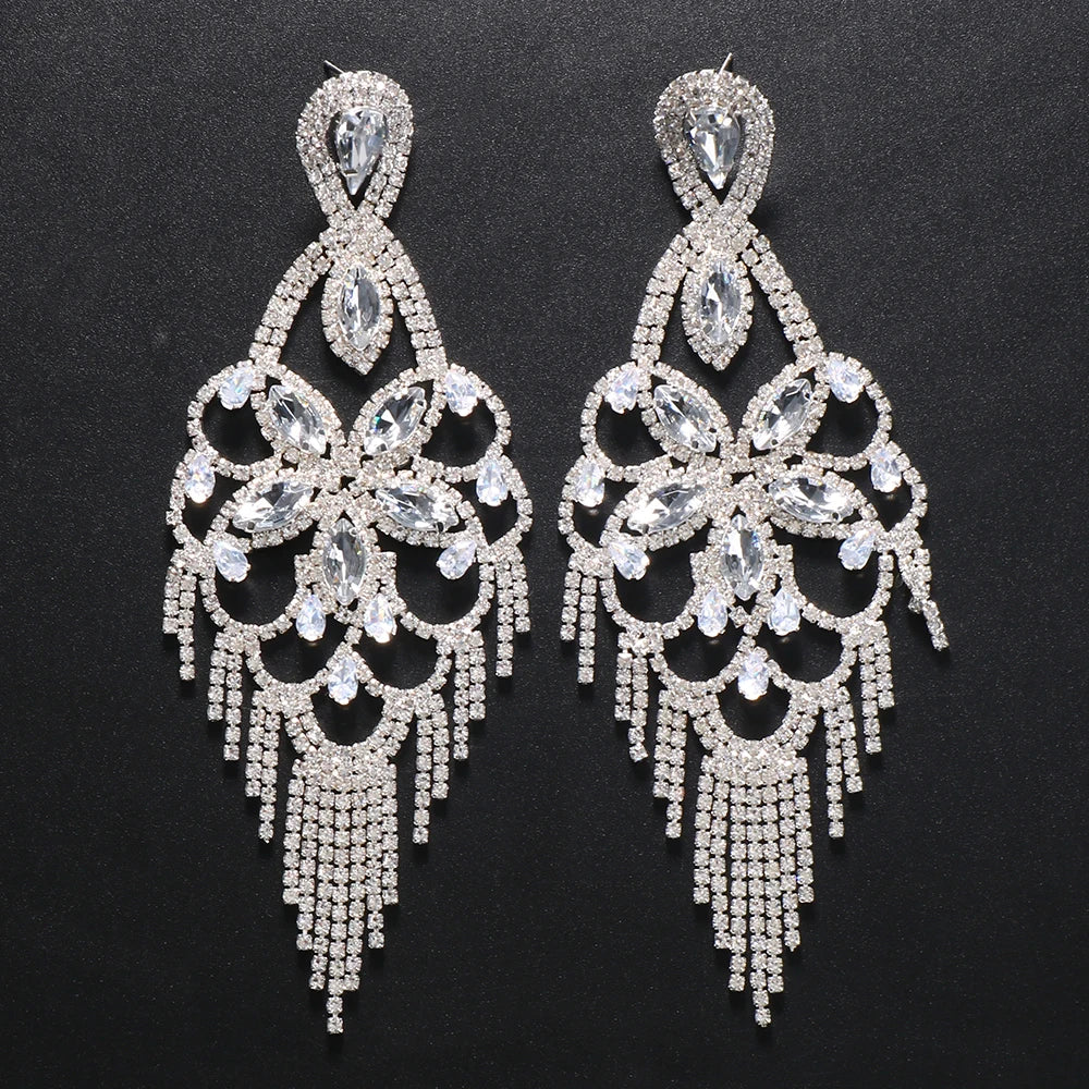 GLAMing Multicolors Exaggerated Rhinestone Tassel Earrings Flower Crystal Earrings Long Dangle Earrings Women Fashion Jewelry