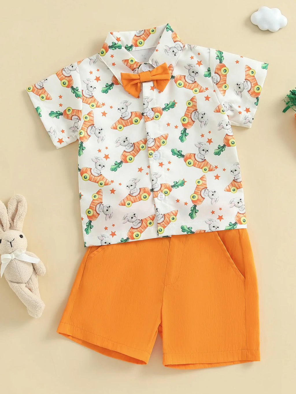 Toddler Boy Easter Outfit Bunny Rabbit Print Short Sleeve Button-up Shirt with Bowtie and Solid Shorts 2 Piece Set - Spring