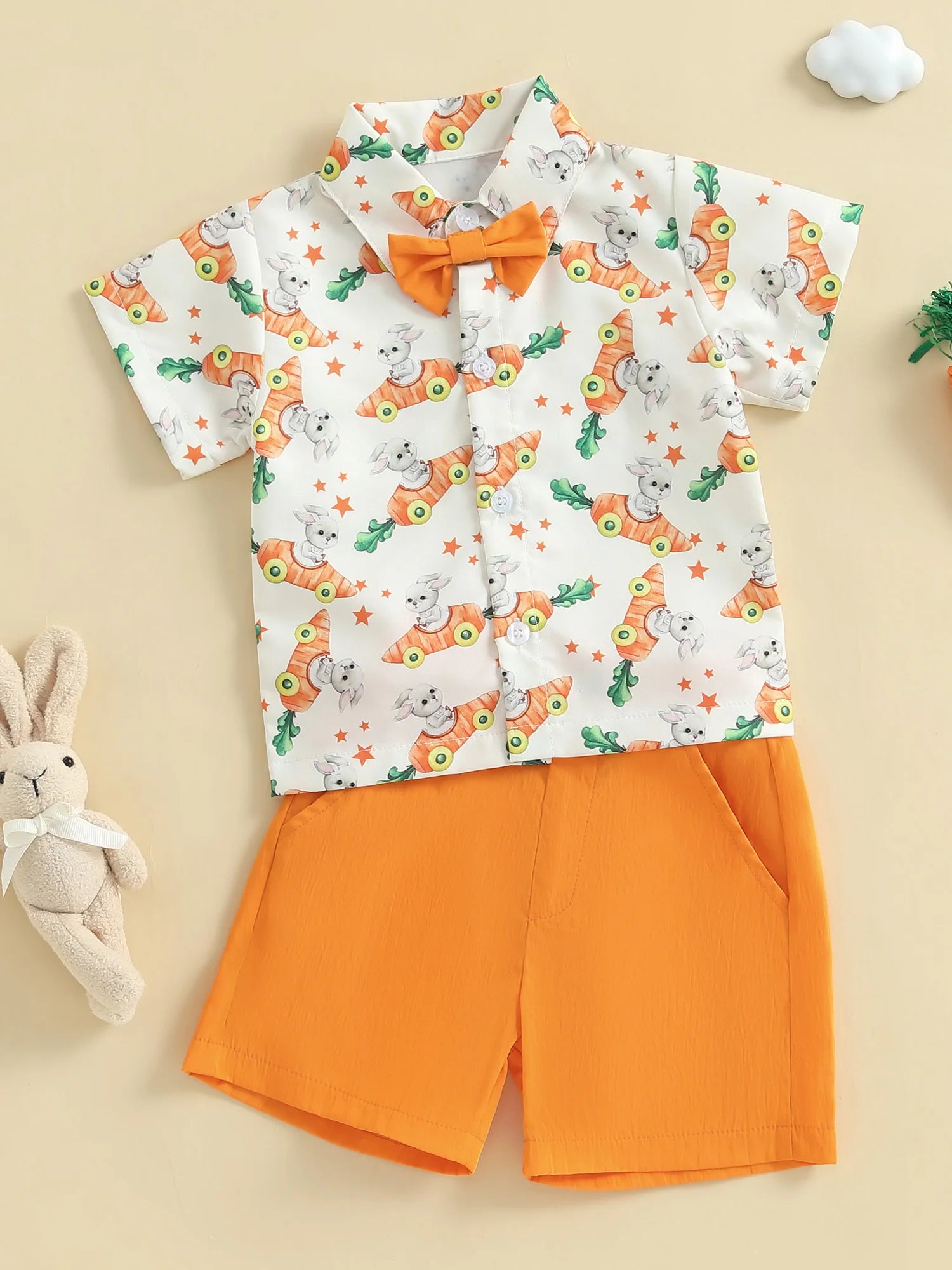 Toddler Boy Easter Outfit Bunny Rabbit Print Short Sleeve Button-up Shirt with Bowtie and Solid Shorts 2 Piece Set - Spring