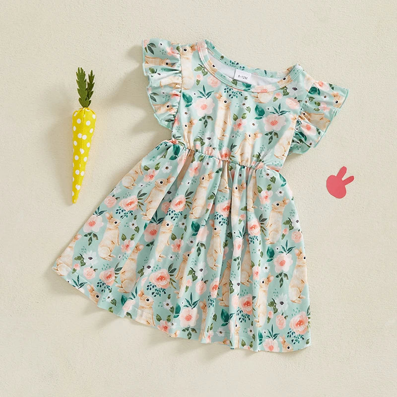 Baby Girl Easter Outfit Pink Floral Print Ruffle Sleeve Round Neck A-Line Dress for Spring and Summer Celebrations