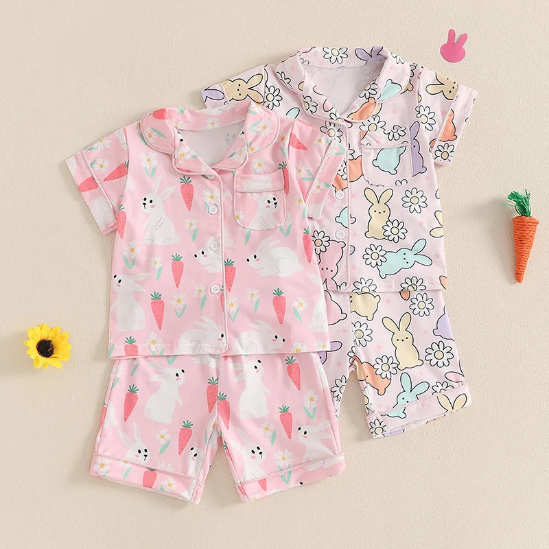 Adorable Toddler Girls Easter Bunny Pajama Set with Short Sleeve Top and Shorts for Spring Summer Loungewear - 2 Piece Set