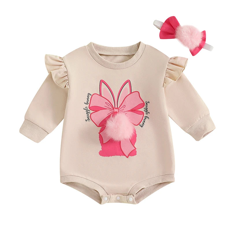 Adorable Toddler Easter Bunny Jumpsuit with Matching Headband - Long Sleeve O Neck Romper for Baby Girls