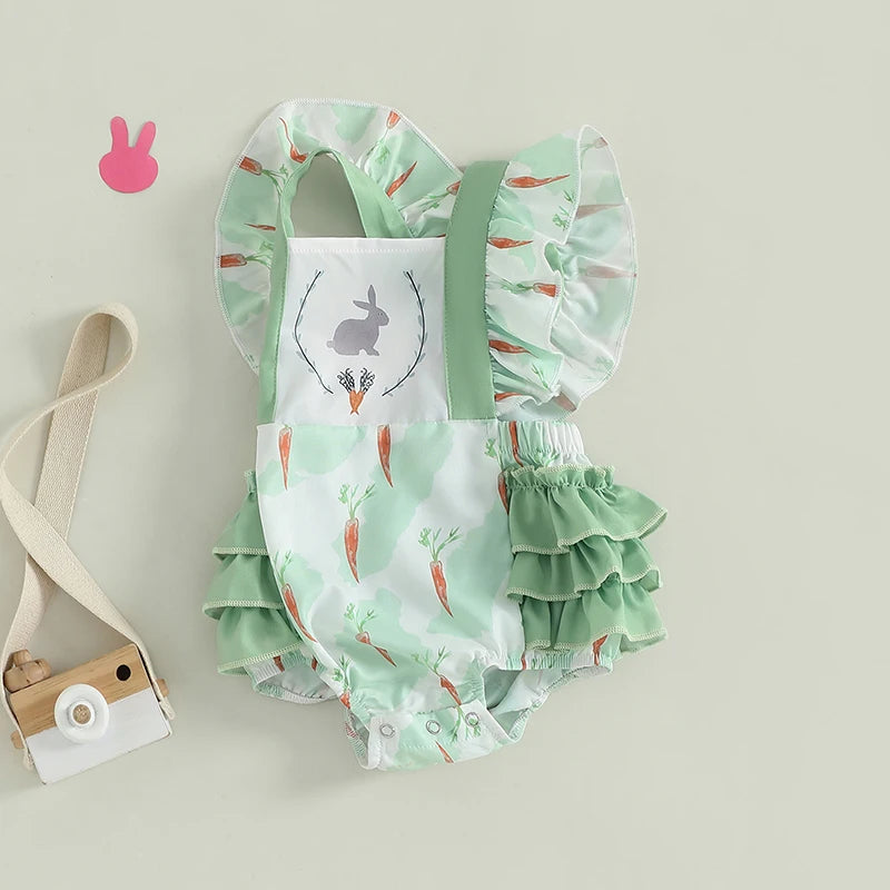 Adorable Infant Easter Jumpsuit with Cute Bunny and Carrot Print Sleeveless Ruffle Square Neck Baby Girl Outfit for Newborns