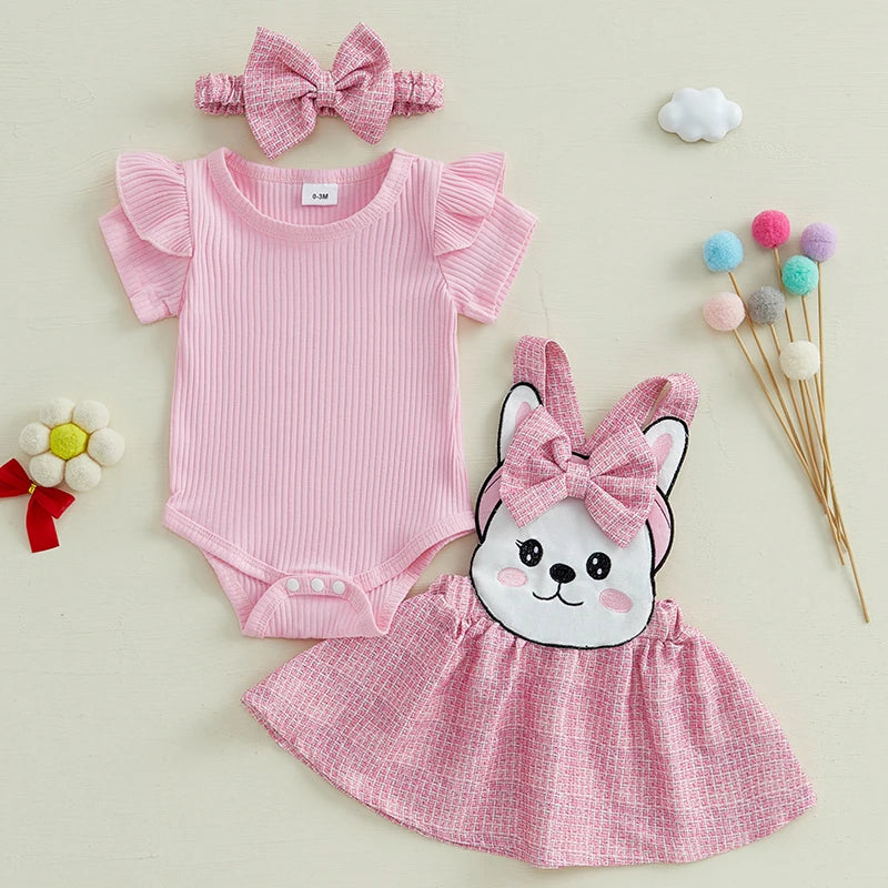 Toddler Girls 3-Piece Spring Outfits Short Sleeve Bodysuit Floral Skirt Headband Set Infant Clothes for Easter Party