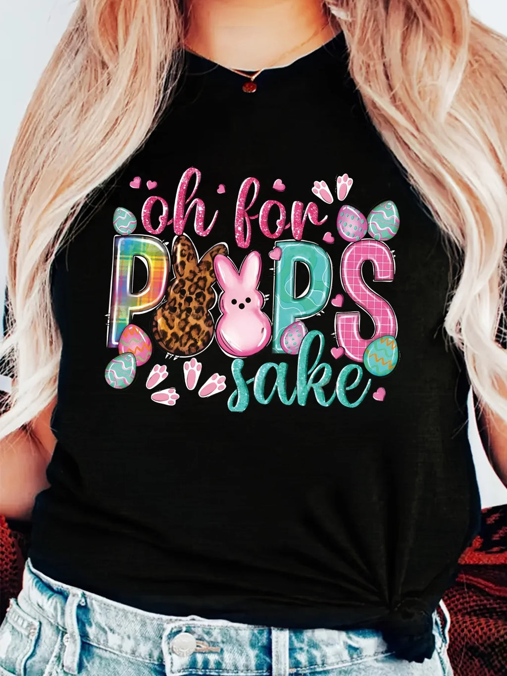 Plus Size Women's Easter Casual T-Shirt, Cartoon \u0026 Letter Print Short Sleeve Tee with Slight Stretch
