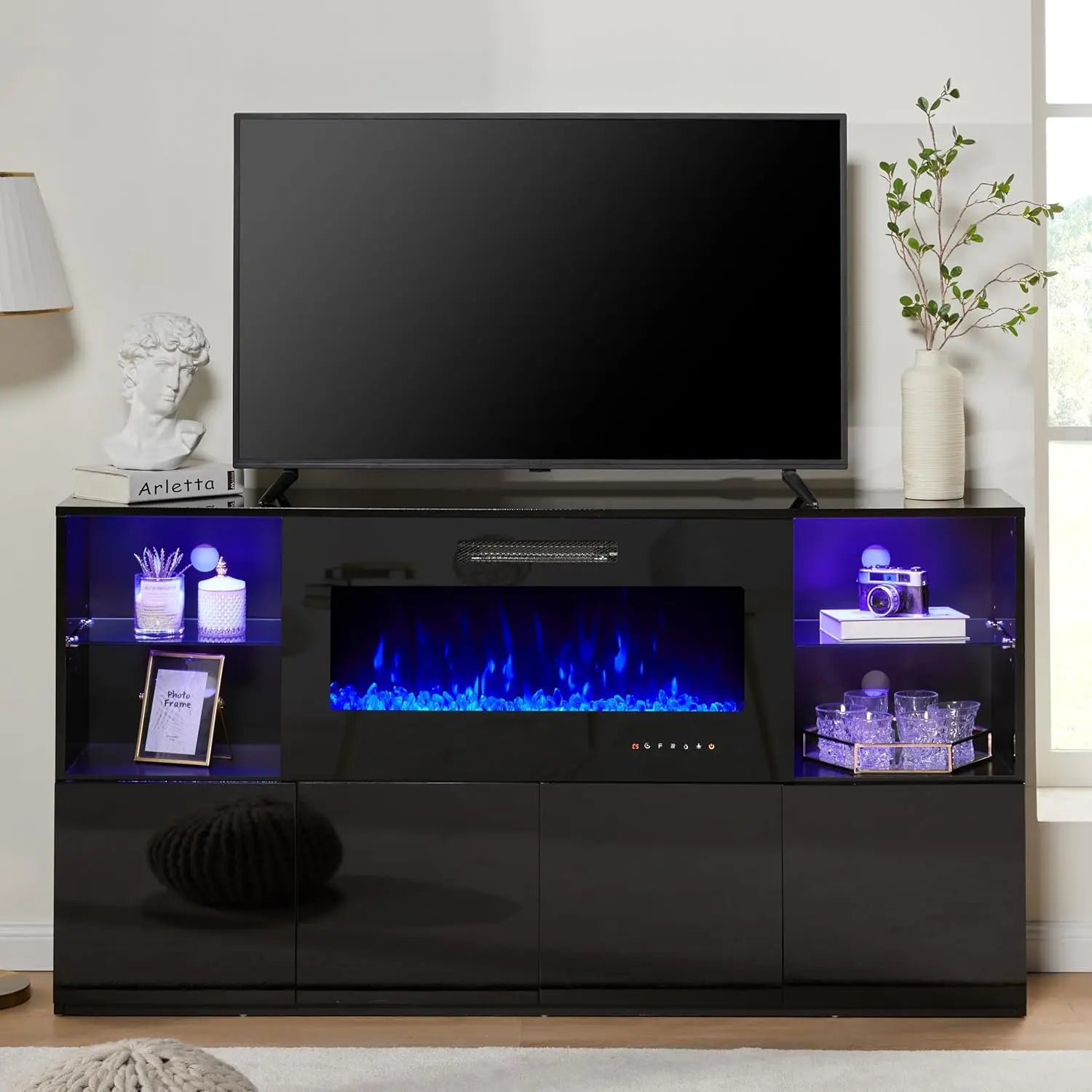 68" Modern High Gloss Fireplace TV Stand, Fireplace Entertainment Center with Fireplace & LED Lights for TVs up to 78",